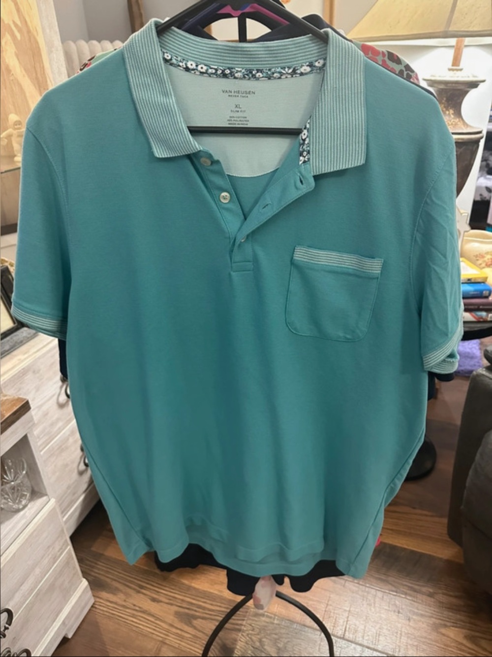 Van Heusen Men's Teal Green Polo with Striped Trim